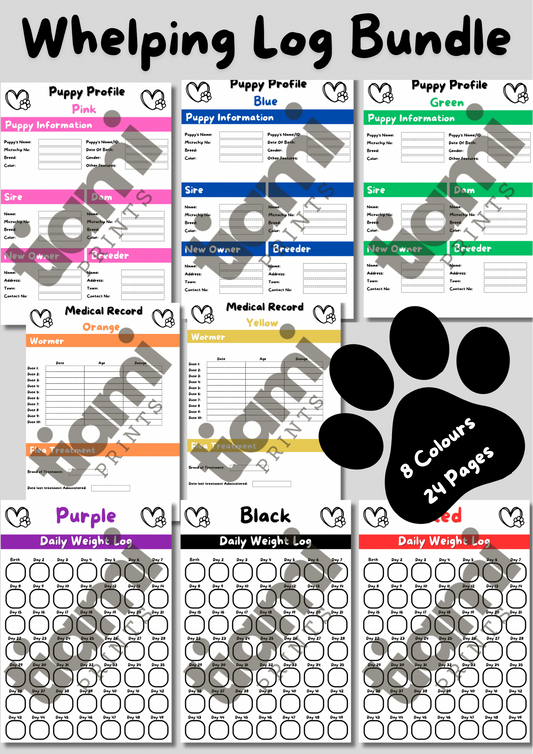 Puppy Whelping Log bundle for breeders. 8 puppy colours, 24 printable pages. Weight Log, Medical Record, Pup Information. A5